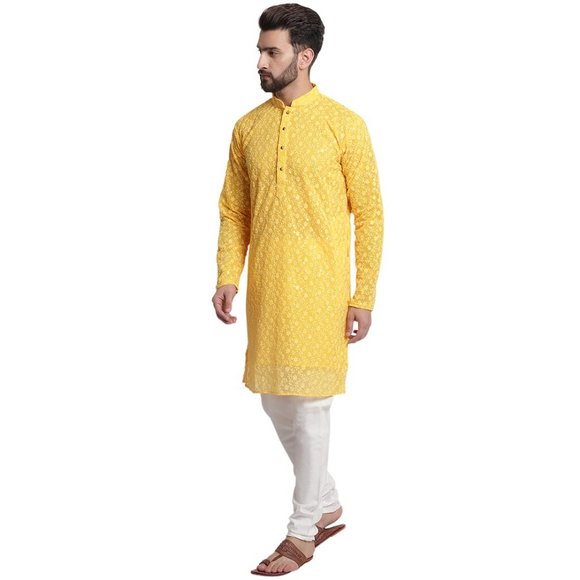 Men Yellow Color Georgette Chikankari Kurta Pyjama Set for Partywear & Wedding - Picture 3 of 7